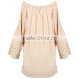Brand Customzied Linen Plain Beige Blouses Tops For Ladies Casual Cotton Crochet Cold Shoulder Tops thumbnail-3