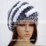 Rex Rabbit Fur Hats Fur Striped Knitted Cap for Women Genuine Rabbit Fur Hat Cap Winter Warms Hats thumbnail-4