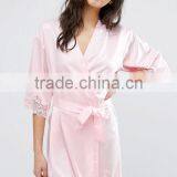 Customize ladies luxury silk satin knee length robe, Bridesmaid Lace Trim Kimono Robe