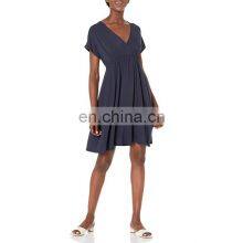Manufacturers Wholesale Women's Solid Surplice Dress Summer Casual Short Sleeve V-Neck Short Party Dress thumbnail-1
