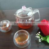 high quality hot sale New Style Heat resistant borosilicate glass tea pot set with pink handle and flower lid