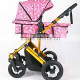 2015 glold frame baby stroller, 3 postion seat, 5 potins belt, big air wheels fit for travling 3 in 1