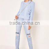 MGOO Women Plain Blue Cable Knit Slouchy Jumper With Drop Shouder Crop Knitwear Sweater thumbnail-4