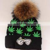 Myfur Adult Screen Green Leaf Printed Skull Hat With Real Fur Pom Pom thumbnail-4