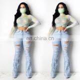 LAITE TR2012 Wholesales Custom New Fashion Broken Hole Straight Edge Women Casual Flare Jeans thumbnail-1