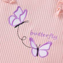 Baby's Butterfly Embroidery Ruffled Long Sleeve Ribbed Footed Romper, Toddler & Infant Girl's Bodysuit thumbnail-4