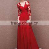 Sexy Deep v Neck Hollow Lace Evening Red Long Sleeve Prom Dress thumbnail-1