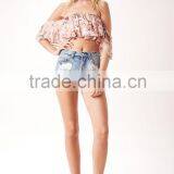 Designer Western Tops Images Women Off Shlouder Pink Floral Pattern Ruffle Crop Tops thumbnail-3
