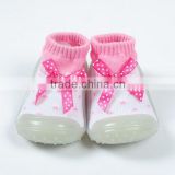 Hot sale color block Egypt cotton transparent rubble sole child tube sock with cute red bowknot