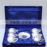 Metal Bowl Six Tea Cups Made in Brass and Silver Plated in a Velvet Box thumbnail-1