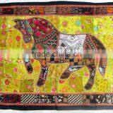 Indian Old Fabric Wall Decor With Horse Figure - Handworked Cotton Fabric Patchwork Wall Hanging Tapestry thumbnail-1