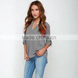 Maxnegio Flower Print V Neck Long Sleeve With Tab Woman Blouse Ladies Crop Top thumbnail-5