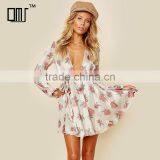 Plunging v Neck Cinched Waist Rose Floral Printed Long Sleeve Short Dress thumbnail-1