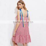 Cute Ruffled Hem Self Tie Dress, Ladies Red Cotton Sleeveless Dress thumbnail-2