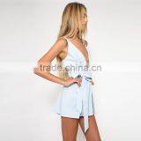 Wide Tie Waist Deep V Neck Light Blue Sleeveless Romper for Women thumbnail-2