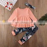 2020 Fall Winter Baby Girls Boutique Long Flare Sleeve O-Neck Peplum Flower Two Piece Rufflers Dress Outfits thumbnail-2