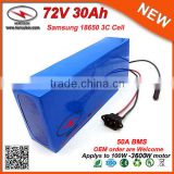 Electric Motor 72V Battery 30Ah Ev Li-Ion Battery Pack for 3600W Electric Bike with 50A BMS 2A Charger in Samsung 18650 Cells
