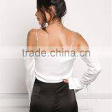 MGOO Manufacturer Custom Soft Satin Blouses Young Girl Sexy Crop Tops Off White Cold Shoulder Shirts thumbnail-6