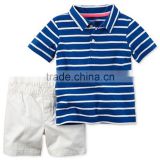 100% Ctn, Children Boys Set, Yarn Dyed Stripe with Self Fabrics Collar and Solid Woven Pant