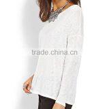Decorative Lace Panel on Back White Blank Slub Long Sleeve Crewneck Sweater thumbnail-2
