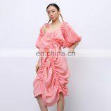 Elegant Irregular Asymmetrical Collar Lantern Sleeve High Waist Drawstring Dress Women thumbnail-5