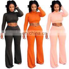 Spring and Summer New Sexy Casual Suit Women Solid Color Round Neck Long-sleeved Wide-leg Pants Suit Manufacturers Wholesale thumbnail-4