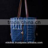 LEATHER STRAP HAND BAG WITH INDIGO DYED COTTON
