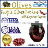 High Quality 100% Tunisian Table Olives,Purple Olives Broken with Cayenne Peppers, Purple Olives 370 ml Glass Jar