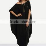 Black One Shoulder Dolman Sleeve Maxi Dress 100% Cotton Casual Batwing Sleeve Shift T Shirt Dress thumbnail-2