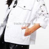 Lace up Eyelet White Denim Jacket New Fashion Wholesale Women Street Wear thumbnail-6
