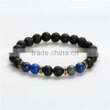 New Fashion Stone Lava Lapis Lazuli Beaded Healing Bracelet Black Gold Tone Antique Gold Elastic thumbnail-1