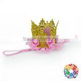 Newborn Toddler Girls Elastic Band Pink Flower Gold Princess Crown Headband thumbnail-1
