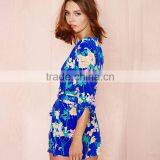 HAODUOYI Women Blue Floral Print Wrap Tie Waist Romper Jumpsuit With Low Price thumbnail-2