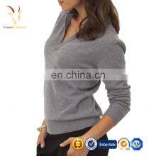 New Design Fashion V Neck Cashmere Sweater With Lapel Collar for Ladies thumbnail-3