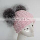 Myfur Baby Pink Wool Ribbed Knit Hat With Removable Silver Fox Fur Pom Poms thumbnail-3