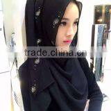 Factory Direct Sales of the New Muslim Scarf Hui Chiffon Long Paragraph Hot Drill Pure Color Convenient Paragraph Head Scarf thumbnail-2