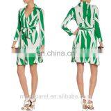 Fashion Women 100% Silk Long Sleeve Printed Silk Jersey Green Wrap Dress With Waist Ties thumbnail-1