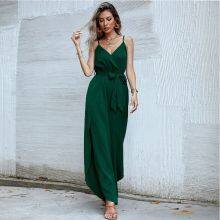 New Casual Suit Suspenders V-neck Commuter Top Solid Color One-piece Mid-length Pants Women