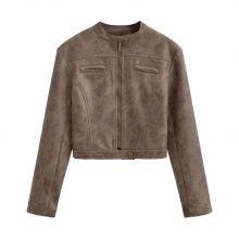 American INS High Street Retro Short Slim Motorcycle Jacket for Women in 2025 Autumn Vintage Color Leather Jacket and Suede Jacket thumbnail-2
