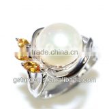 925 Silver Jewelry Fresh Water Pearl Ring Natural Citrine Stone Real Good Rhodium Plated
