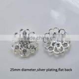 (M0305) 25mm rhinestone metal button with loop or flat back, silver or light rose gold plating