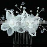 Bridal Wedding Handmade White Flower Satin Crystal Hair Comb CT1384