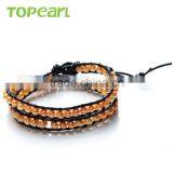 Topearl Jewelry 2016 Stylish Potato Shape Champagne Freshwater Pearl Bracelet Woven Leather Wrap Ladies Bracelets CLL164 thumbnail-1