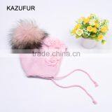 Baby Cotton Knit Hats With Fur Pompom Baby Hats With Chiffon Flowers KZ160094 thumbnail-1