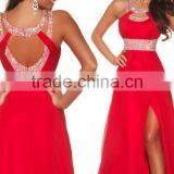 2015 New Arrival Prom Dresses A Line Scoop Sweep/Brush Train Chiffon Red Evening Dresses With Slit thumbnail-2