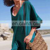 Bamboo Cotton Cover Up Sexy White V Neck Beach Dress Robe de Plage Sarong Beach Poncho Beachwear Coverups Saida de Praia thumbnail-4