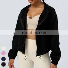 Drawstring Hoody Loose Casual Running Coat Zipper Sports Jackets Long Sleeve Gym Fitness Hooded Wear Yoga Jacket For Women thumbnail-3