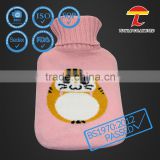 rubber hot water bottle with knitted pink owl cover