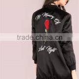 Custom Embroidered Women Longline Satin Bomber Jacket Black Oversized Zip Up Coat With Sides Pockets thumbnail-3