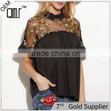 Hot Sell Embroidered Ruffle Cuff Sheer Tie Back Blouse Neck Designs Cutting thumbnail-1